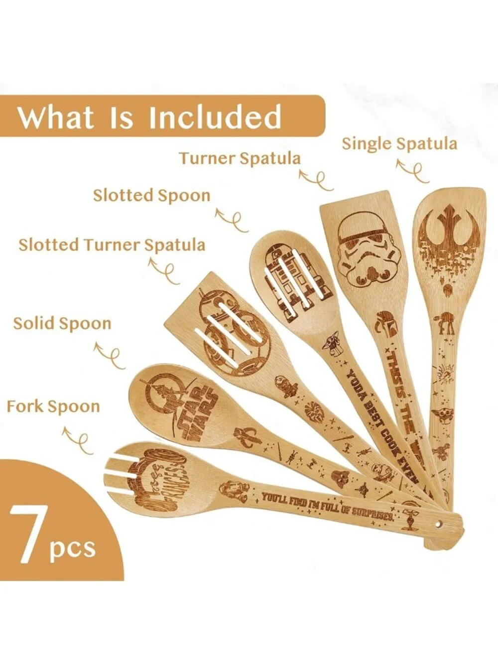 7PCS Bamboo Cooking Utensils Set - Wooden Spoons & Spatulas for Kitchen Decor